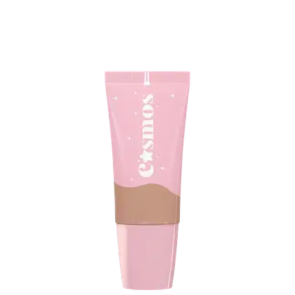 Embalagem com tampa cor-de-rosa claro, com inscrição de nome. Parte superior com tom da base e detalhes brancos na parte inferior, com pequenas estrelas decorativas ao redor. A embalagem tem um design minimalista e delicado.