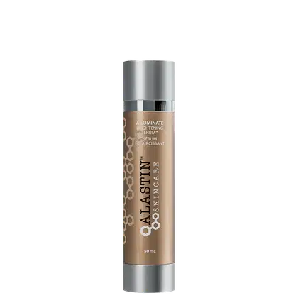 Sérum Iluminador Alastin. Embalagem cilíndrica prateada de metal com tampa prateada. Rótulo marrom com texto branco "ALASTIN" e "Aluminate Brightening Serum" em letras maiúsculas.