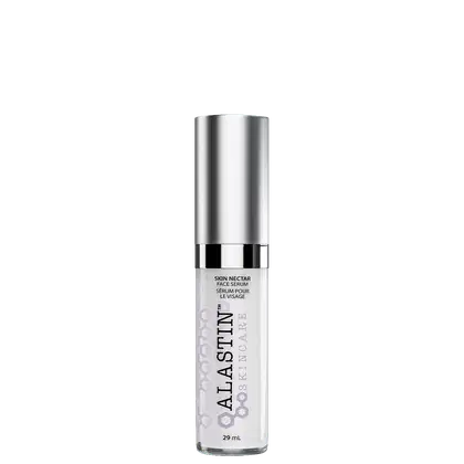 Creme sérum antissinais Alastin. Frasco cilíndrico de vidro transparente com tampa prateada metálica. Rótulo branco com o logotipo e nome do produto "Skin Nectar Face Serum" em letras pretas.
