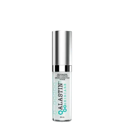 Sérum hidratante Alastin. Frasco cilíndrico de metal prateado com tampa preta. Rótulo na parte inferior com o nome do produto "Restorative Skin Complex" e a descrição "Serum Corrector Visage" (Sérum Corretor Facial) em letras pretas e azuis.