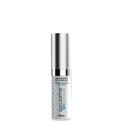 Sérum para a área dos olhos de Alastin. Embalagem cilíndrica de metal prateado. Rótulo na parte inferior com o texto "Restorative Eye Complex" e "Crème Contour des Yeux" em letras pretas sobre fundo branco.