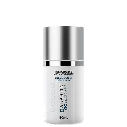 Creme de colo e pescoço da Alastin. Frasco cilíndrico de metal prateado brilhante com tampa preta. Rótulo branco com texto "Restorative Neck Complex" e "Creme Cou et Decollete" em letras pretas.