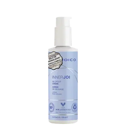 O Leave-in Joico InnerJoi Blowout Crème (150ml) aparece em destaque em sua embalagem azul com detalhes em branco e prata.