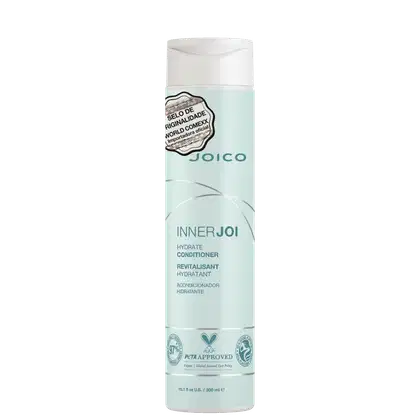 Condicionador Joico InnerJoi Hydrate (300ml) se destaca em sua embalagem em tom verde claro, com detalhes em branco e prata.
