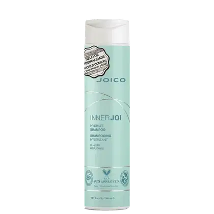 Shampoo Joico InnerJoi Hydrate (300ml) se destaca em sua embalagem em tom verde claro, com detalhes em branco e prata.