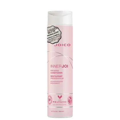 A imagem mostra o Condicionador Joico InnerJoi Preserve (300ml)  com embalagem em tom de rosa e detalhes em branco e prata.