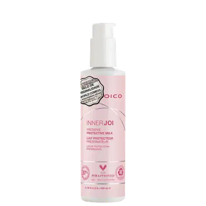 Em destaque, o Leave-in Joico InnerJoi Preserve Protective Milk (200ml) se apresenta em sua embalagem rosa com detalhes em branco e prata.