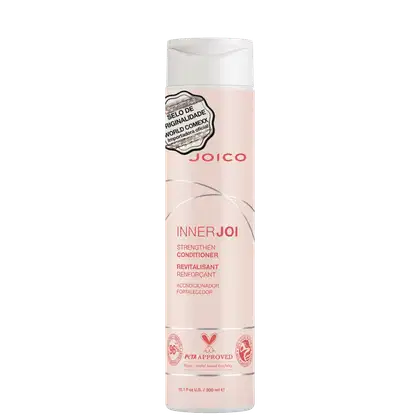 A imagem mostra o Condicionador Joico InnerJoi Strengthen (300ml), em embalagem com a cor laranja e detalhes em branco e prata.