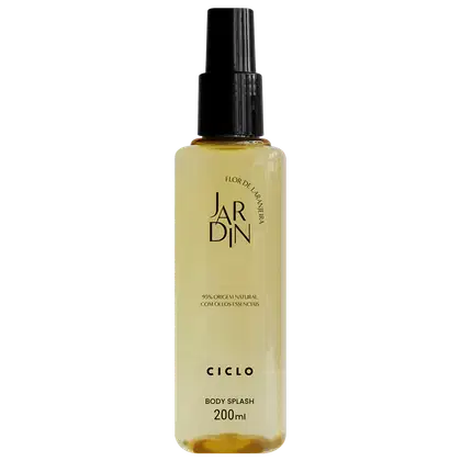 Frasco plástico transparente de 200ml, retangular com tampa preta spray. Líquido amarelo claro visível dentro. Rótulo em letras pretas estilizadas e texto "Flor de Laranjeira", "95% Origem Natural", "Com Óleos Essenciais" e "Ciclo" na parte inferior.