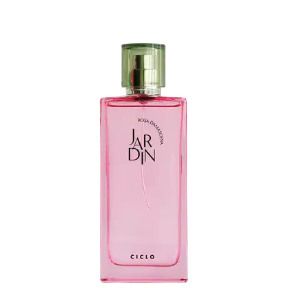 Perfume em frasco retangular de vidro transparente com líquido rosa. A embalagem apresenta o nome "JARDIN" em letras maiúsculas pretas e "Rosa Damascena" em letras menores abaixo. Na parte inferior, está escrito "CICLO" em letras maiúsculas pretas.