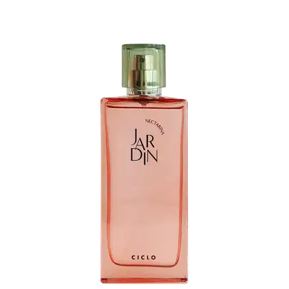 Perfume em frasco retangular de vidro transparente com líquido salmão. A embalagem apresenta o nome "JARDIN" em letras maiúsculas pretas e "Nectarina" em letras menores abaixo. Na parte inferior, está escrito "CICLO" em letras maiúsculas pretas.