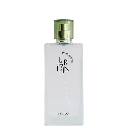 Perfume em frasco retangular de vidro transparente e opaco. A embalagem apresenta o nome "JARDIN" em letras maiúsculas pretas e "Jardim Sambac em letras menores abaixo. Na parte inferior, está escrito "CICLO" em letras maiúsculas pretas.