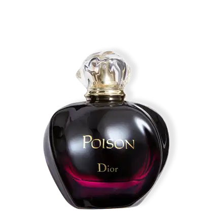 A imagem mostra o perfume em frasco de vidro em forma de coração com tampa de cristal facetado. O frasco é preto com detalhes em vermelho escuro, com o líquido translúcido no interior. Na parte frontal do frasco está escrito "Poison" em letras douradas.