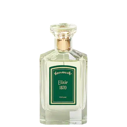 A imagem mostra o perfume em frasco retangular de vidro transparente com tampa dourada. A embalagem apresenta um rótulo verde com a inscrição "Granado & Elixir 1870 Perfume" em letras beges. O frasco tem linhas retas e cantos angulares.