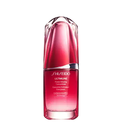 Sérum Facial Shiseido Ultimune Power Infusing Concentrate. O frasco vermelho conta com formato cilíndrico e design elegante.