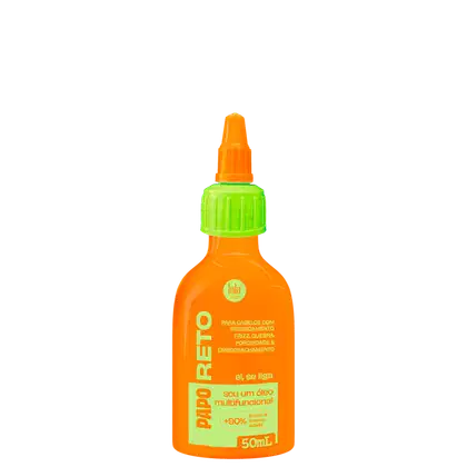 Produto multifuncional para cabelos com óleo de brilho e limpeza. Embalagem plástica laranja com tampa verde. Rótulo com texto "Papo Reto" e informações sobre o uso para ressecamento, frizz, porosidade e emborrachamento. Volume de 50ml.