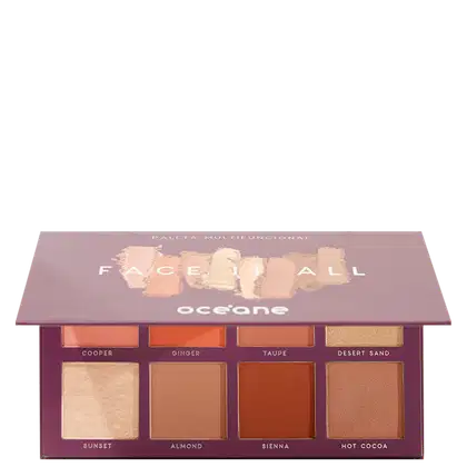 Paleta de maquiagem da marca Océane. Embalagem retangular compacta em tons de vinho. Na parte superior, o nome da marca e da paleta impressos. Contém 8 sombras prensadas em tons terrosos, variando do bege claro ao marrom avermelhado.