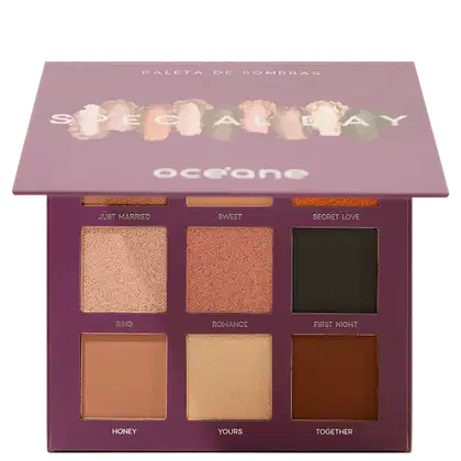Paleta de sombras Océane Special Day. Embalagem retangular em tons de roxo. A paleta contém 6 sombras em tons terrosos, dourados e marrons, com nomes sugestivos como "Just Married", "Sweet", "Ring", "Romance", "Yours" e "Together".
