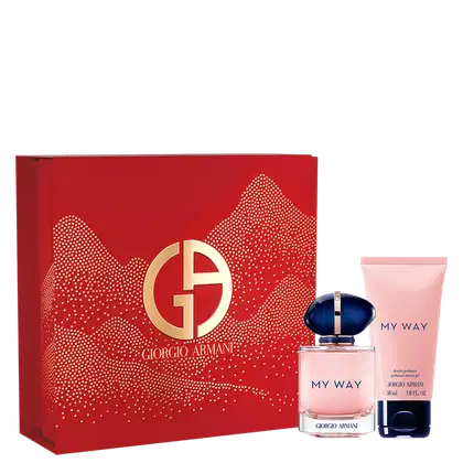 Conjunto de perfume feminino My Way da marca Giorgio Armani. Inclui um frasco de vidro transparente com líquido rosa pálido e um frasco menor com gel de banho corporal rosa.