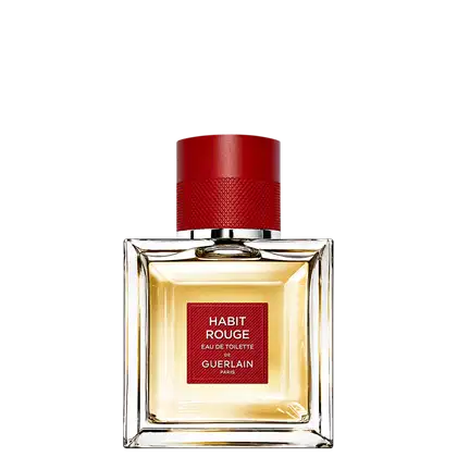 A imagem mostra um frasco quadrado de perfume, transparente, com detalhe e tampa vermelha.