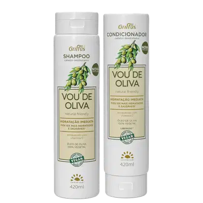 A imagem mostra shampoo e condicionador da marca Griffus em embalagens cilíndricas brancas. Rótulos com fundo bege e detalhes em verde, exibindo imagem de ramos de oliveira com azeitonas.