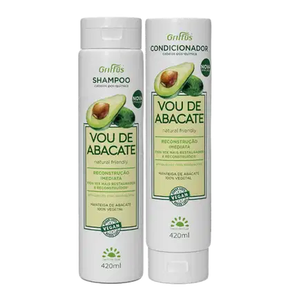A imagem mostra shampoo e condicionador para cabelos da marca Griffus em embalagens cilíndricas brancas. Rótulos verdes com imagem de abacate.