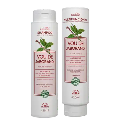 A imagem mostra shampoo e condicionador da marca Griffus em embalagens cilíndricas plásticas brancas. Rótulos em tons de vermelho e verde, com imagem de folhas e flores.