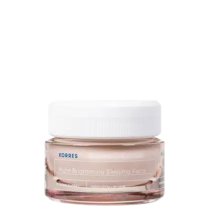 A imagem mostra um creme facial noturno em um frasco transparente de plástico com tampa branca, contendo um creme gel rosado.