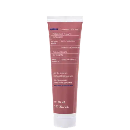 Tubo de creme esfoliante facial da marca Korres, com rótulo em inglês e grego, indicando ingredientes naturais e propriedades de suavização e iluminação da pele.