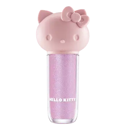 Maquiagem em formato cilíndrico com a cabeça da personagem Hello Kitty como tampa. A parte superior é rosa com detalhes em relevo que representam os olhos, orelhas e laço da Hello Kitty. É possível ver a cor do produto pelo corpo transparente.