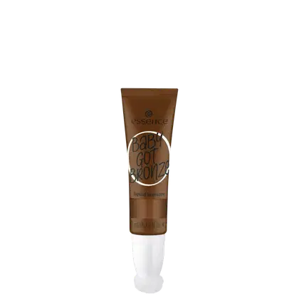 O produto vem em um tubo plástico marrom com um aplicador branco na ponta e a inscrição "Baby Got Bronze" em letras pretas desenhadas.