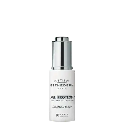 Frasco branco e prateado contendo o sérum avançado Age Proteom da marca Esthederm Paris. O rótulo destaca a tecnologia patenteada e o nome do produto em destaque.