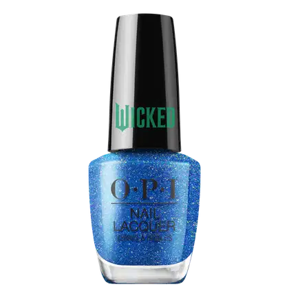 Produto de esmalte de unhas OPI da linha Wicked. Frasco de vidro transparente com tampa preta. O esmalte tem uma cor azul brilhante. O rótulo exibe o logotipo OPI em letras pretas, com o nome "Wicked" em verde na tampa.
