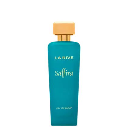 Perfume La Rive Saffira em frasco retangular de vidro azul turquesa. Tampa dourada quadrada no topo. Rótulo com o nome do perfume "Saffira" e da marca "La Rive" em letras brancas. Indicação "eau de parfum" na parte inferior do frasco.