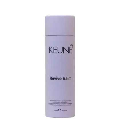A imagem mostra o leave-in Revive Balm da marca Keune. Embalagem cilíndrica branca fosca com tampa da mesma cor. Rótulo preto com o nome da marca "KEUNE" em letras maiúsculas e o nome do produto "Revive Balm" abaixo.  Informação de volume: 150ml