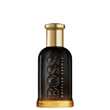 Perfume em frasco de vidro com formato cilíndrico e tampa dourada. Ele tem uma gradação de cor que vai do preto na parte superior ao âmbar na parte inferior. O rótulo exibe o logotipo "BOSS" em relevo e a inscrição "BOTTLED ABSOLU" abaixo, em dourado.