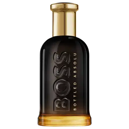 Perfume em frasco de vidro com formato cilíndrico e tampa dourada. Ele tem uma gradação de cor que vai do preto na parte superior ao âmbar na parte inferior. O rótulo exibe o logotipo "BOSS" em relevo e a inscrição "BOTTLED ABSOLU" abaixo, em dourado.