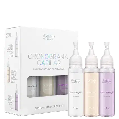 Amend Cosméticos Essencial Cronograma Capilar Superdoses de Reparação 3 ampolas de 14ml.