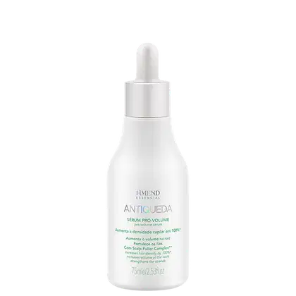 Frasco branco com conta-gotas da linha Antiqueda da Amend Cosméticos. Rótulo com o nome "Antiqueda" e informações sobre o produto, que é um sérum pro-volume para aumentar a densidade capilar em 100%.