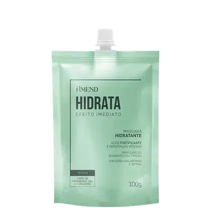 Máscara hidratante Amend Cosméticos em embalagem plástica verde-clara, com rótulo destacando "Hidrata" e "Efeito imediato". Contém 100g do produto, com ação fortificante e hidratação intensa para cabelos desidratados e fracos.