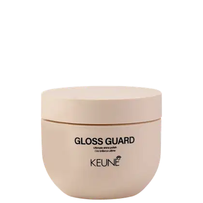 A imagem mostra  a Cera Modeladora Gloss Guard marca Keune, em pote arredondado e na cor bege claro. Traz texto indicando que é um produto para dar brilho e polimento aos fios.