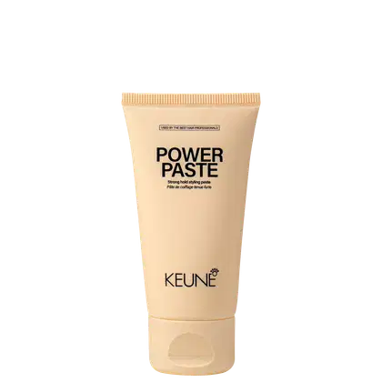 A imagem mostra  a Pasta Modeladora Power Paste da marca Keune, com embalagem tubular na cor bege e texto indicando que é uma pasta para modelar e dar fixação forte aos cabelos.
