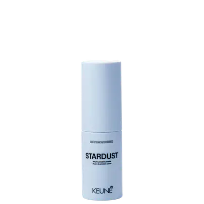 Produto de volume em pó da marca Keune. Embalagem cilíndrica branca com o nome "STARDUST Volume-enhancing powder" em preto.