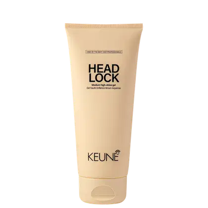 A imagem mostra o Gel Fixador Head Lock da marca Keune, com embalagem de cor bege. Traz o nome "Head Lock" em letras pretas, descrito como "Medium high-shine gel" (Gel de brilho médio). O logotipo da Keune aparece na parte inferior.