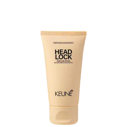 A imagem mostra o Gel Fixador Head Lock da marca Keune, com embalagem de cor bege. Traz o nome "Head Lock" em letras pretas, descrito como "Medium high-shine gel" (Gel de brilho médio). O logotipo da Keune aparece na parte inferior.