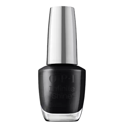 Frasco de esmalte OPI Infinite Shine, com design elegante e moderno em preto e prata, na versão cor Black Onyx