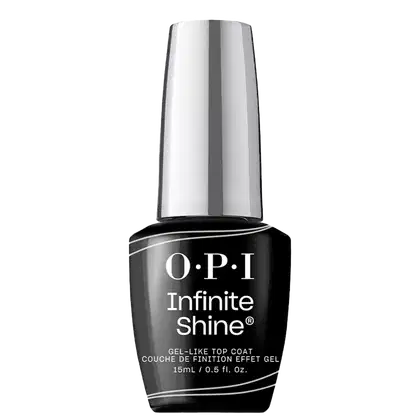 OPI Infinite Shine, um esmalte de unhas top coat de efeito gel. Embalagem em frasco de vidro com tampa prata. Rótulo preto na base com o logotipo OPI e o nome "Infinite Shine Gel-Like Top Coat" em letras brancas.