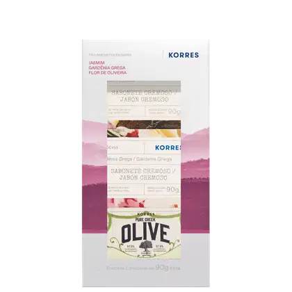 Trio de sabonetes em barra da marca Korres. Embalagem retangular com fundo preto e detalhes em rosa e branco. Contém três sabonetes cremosos de 90g cada, com fragrâncias de jasmim, gardênia grega e flor de oliveira.