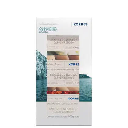 Trata-se de um conjunto de três sabonetes cremosos em barra da marca Korres. Cada sabonete pesa 90g e os aromas são lavanda marinha, amêndoa e cereja, e algodão.