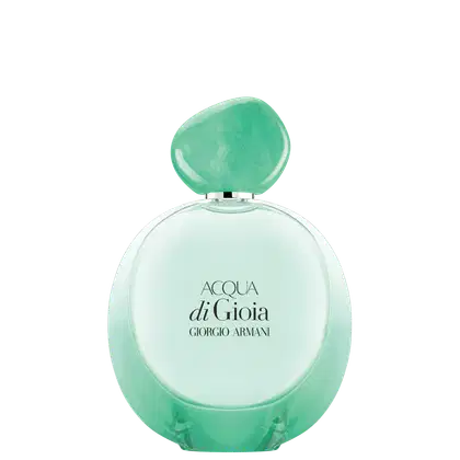 O produto apresentado é um frasco de perfume da linha Acqua di Gioia da Giorgio Armani. O frasco possui um formato arredondado com uma tampa em formato de pedra verde translúcida.